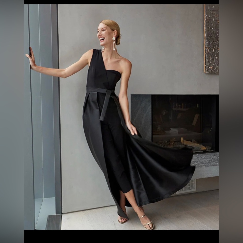 Kay Unger Stretch Sleeveless Asymmetrical Neck Sash Pocketed Walk Thru Jumpsuit